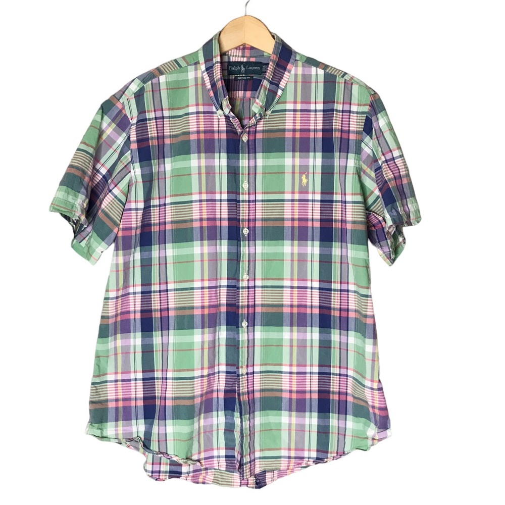 Ralph Lauren Short Sleeve Plaid Shirt Cotton Button Down Green Pink Men’s XL